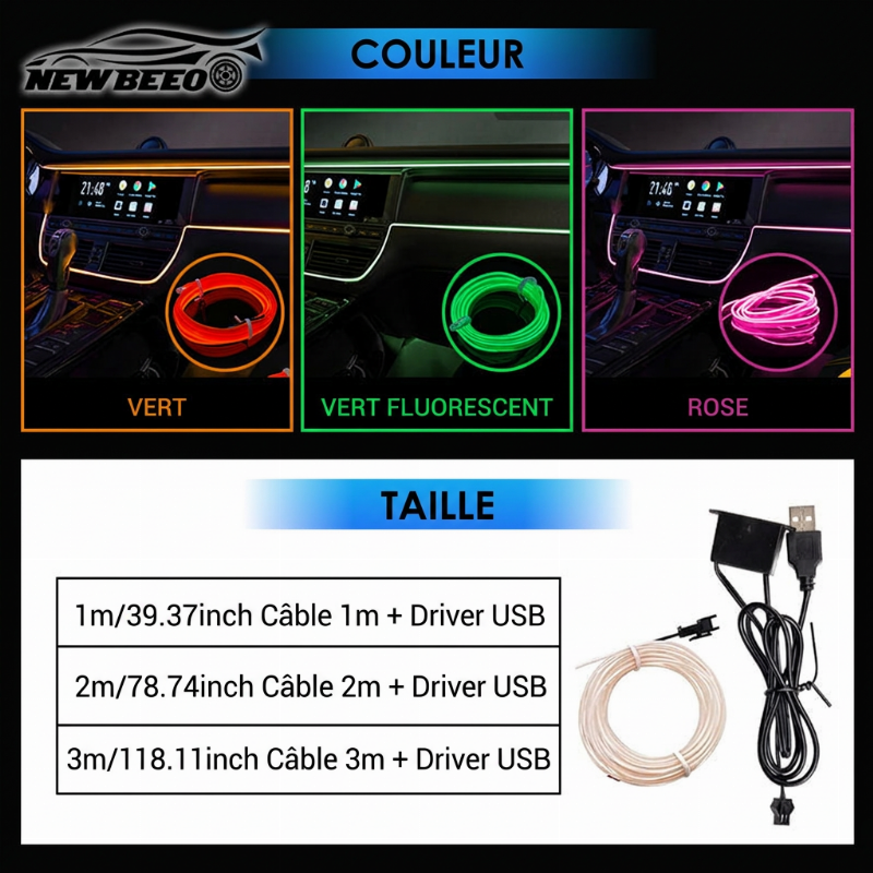 🎉 Promo –50% ! 🚘 Bande Lumineuse LED d'Ambiance pour Habitacle – Alimentation USB, Néon Flexible à Insérer, 3 Longueurs au Choix ✨