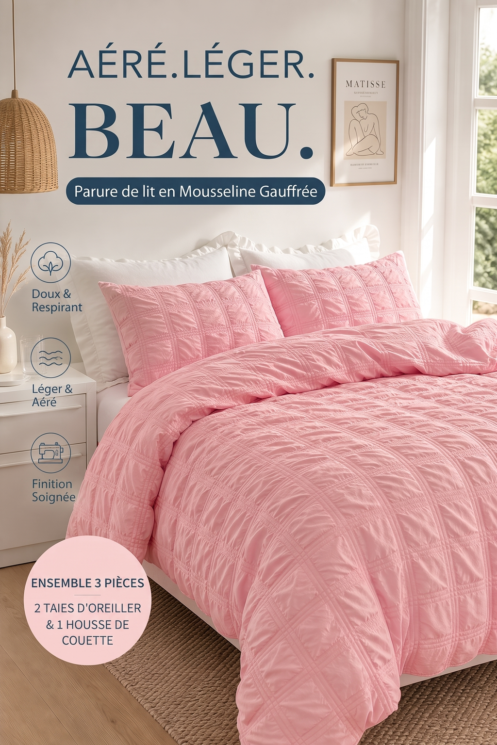 🔥 -50% 🛏️ Ensemble de housse de couette minimaliste en tissu froissé – Ensemble de linge de lit 3 pièces uni, doux et respirant pour chambre à coucher ✨