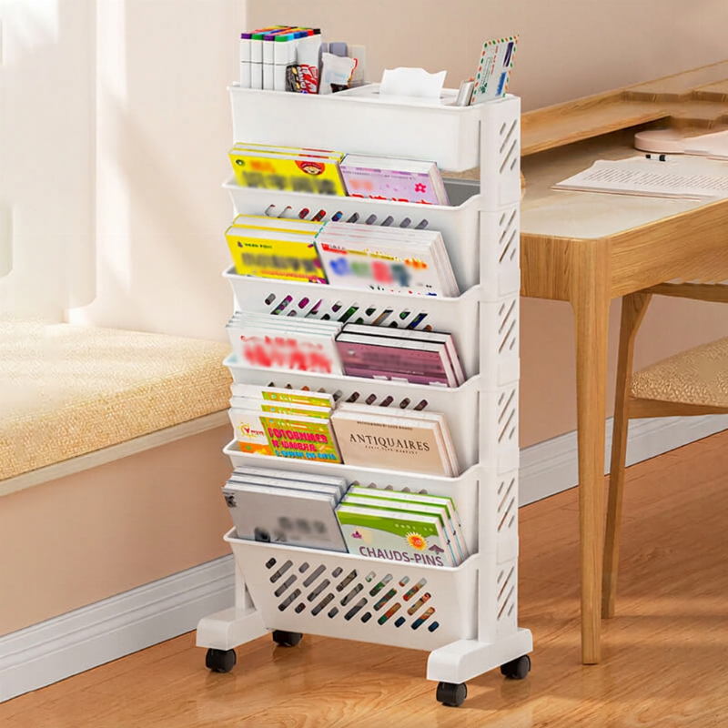 🛞 Étagère à livres mobile sur roulettes – 5/6 niveaux, inclinaison à 45°, roulettes verrouillables 📖