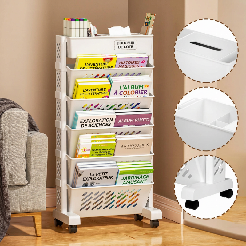 🛞 Étagère à livres mobile sur roulettes – 5/6 niveaux, inclinaison à 45°, roulettes verrouillables 📖