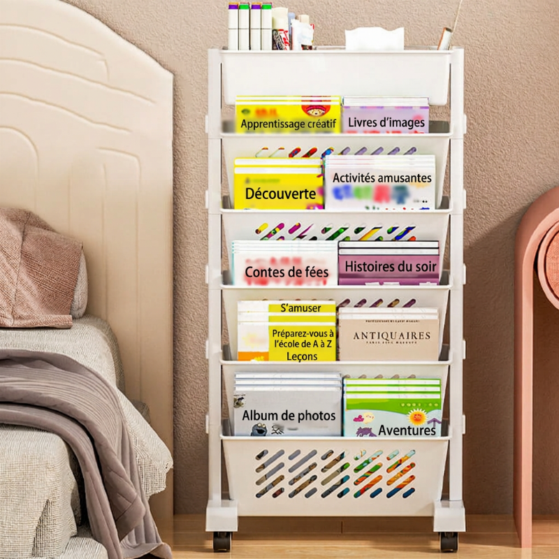 🛞 Étagère à livres mobile sur roulettes – 5/6 niveaux, inclinaison à 45°, roulettes verrouillables 📖