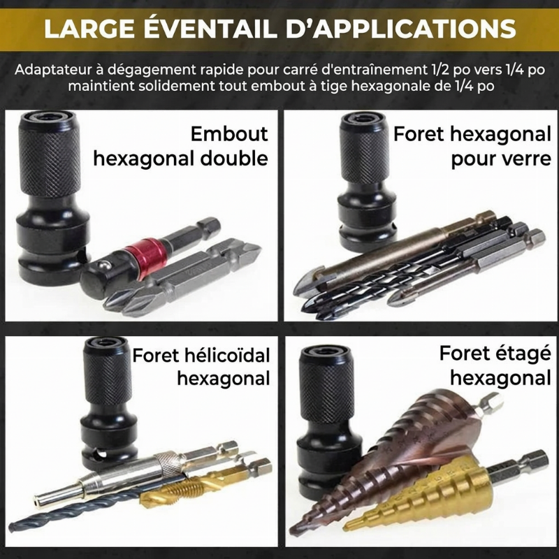🔧 Adaptateur de Douille 1/2" vers 1/4" Hex — Changement Rapide, Résistant aux Chocs & Acier Cr-Mo ✨