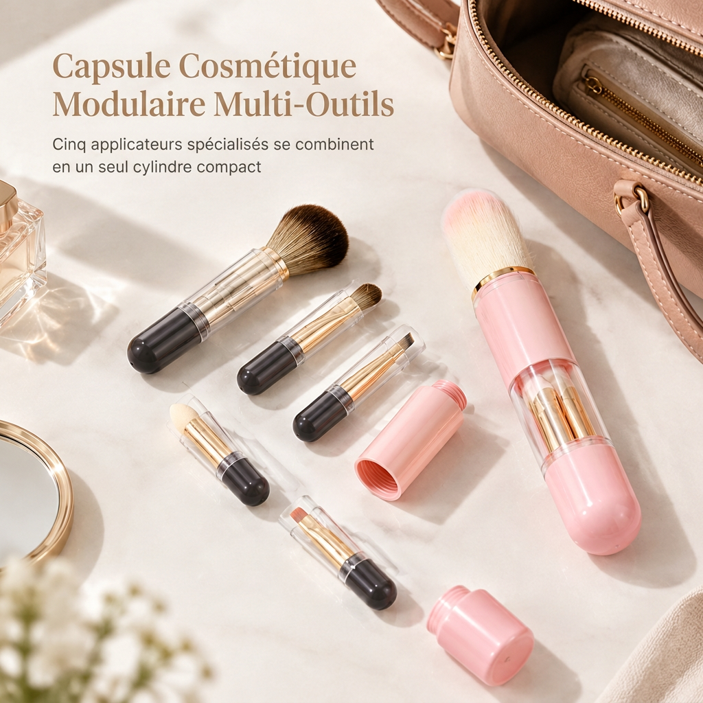 💄 OFFRE LIMITÉE : -50% ! 🪞 Ensemble de 5 brosses à maquillage rétractables et portables – Capsule de maquillage de voyage, poils synthétiques doux, outil compact pour retouches 👜