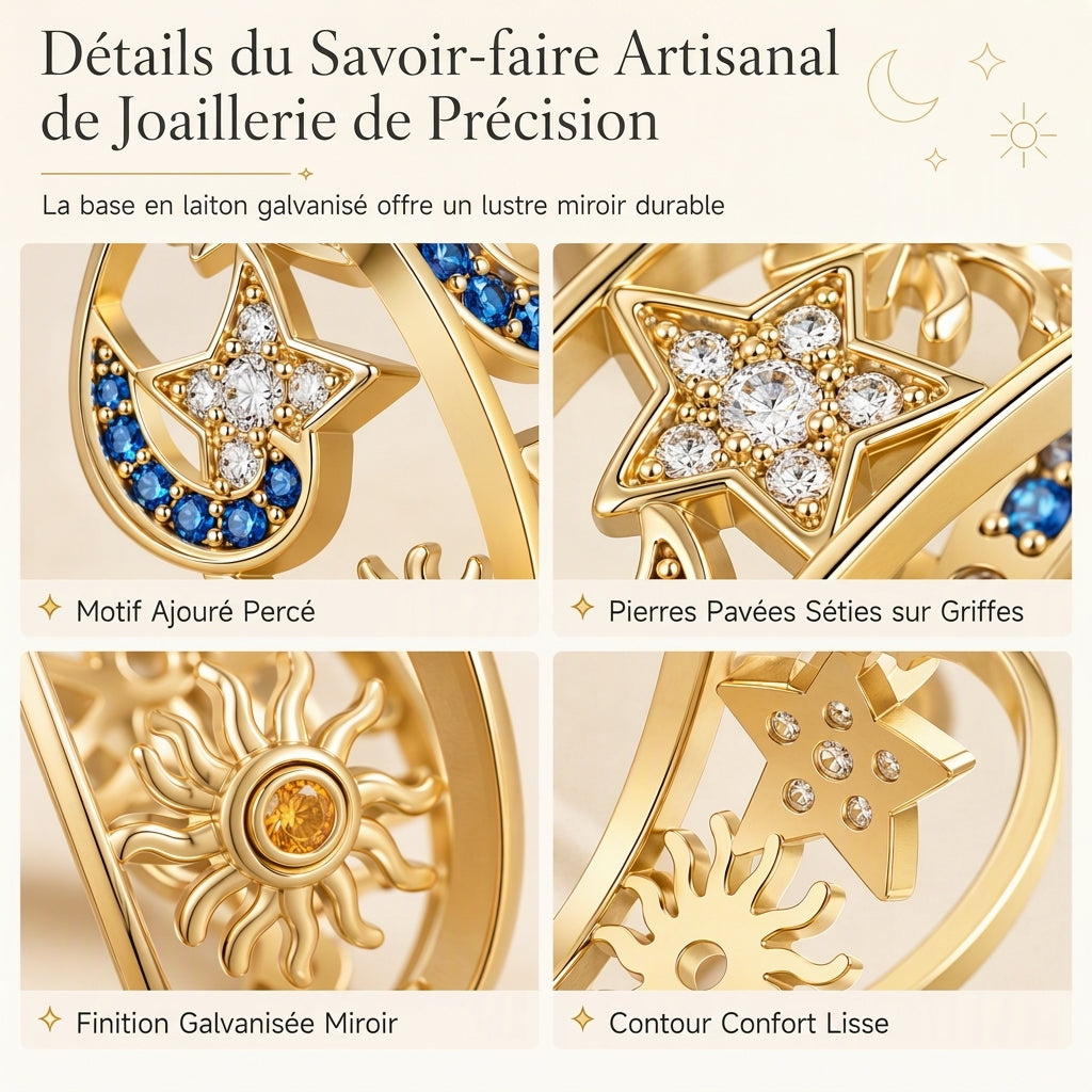 💎Bague ajourée Femme Céleste Soleil Lune et Étoiles