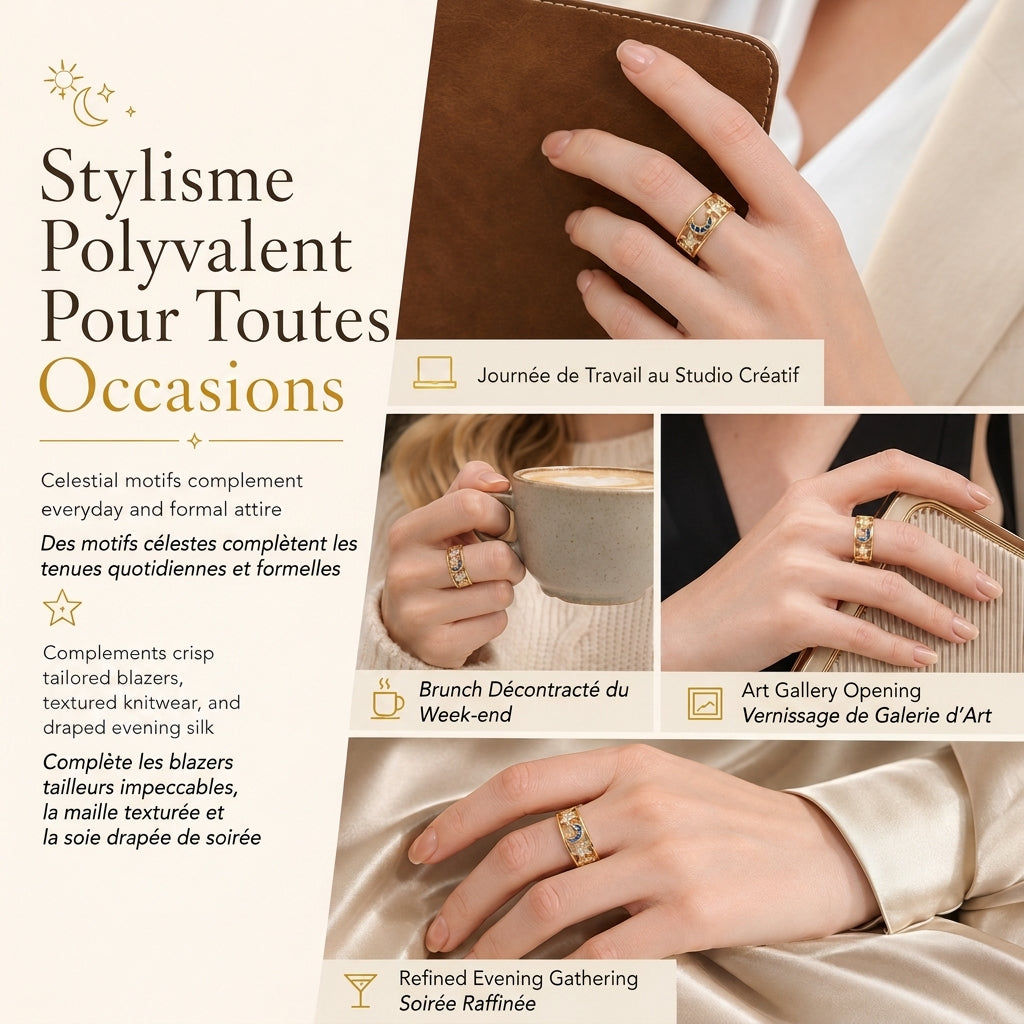 💎Bague ajourée Femme Céleste Soleil Lune et Étoiles