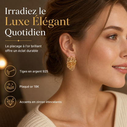 ⏳Offre spéciale à durée limitée ⏰Boucles d'oreilles double feuille plaquées or 18K – CZ étincelant, design à double port