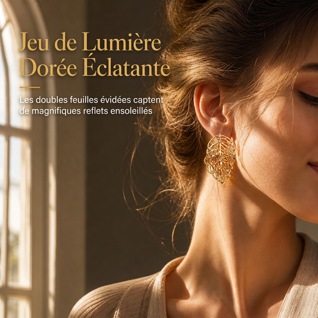 ⏳Offre spéciale à durée limitée ⏰Boucles d'oreilles double feuille plaquées or 18K – CZ étincelant, design à double port