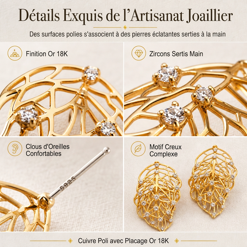 ⏳Offre spéciale à durée limitée ⏰Boucles d'oreilles double feuille plaquées or 18K – CZ étincelant, design à double port