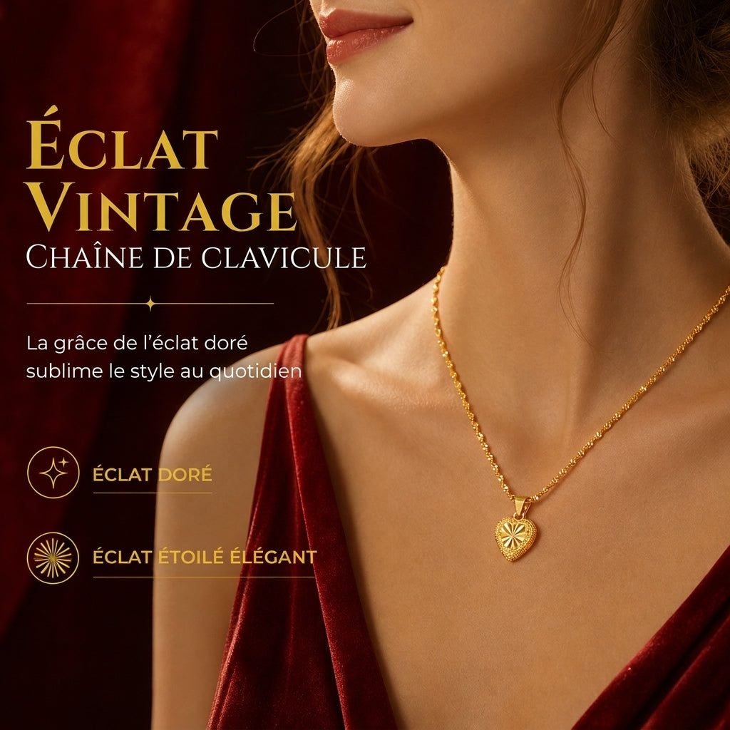 🌸Collier clavicule en alliage de cuir doré imitation avec pendentif coeur rétro pour femme