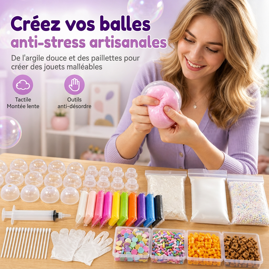 ⏰💞 Plus de 50 000 ventes ! 🧪 Kit de fabrication de balles anti-stress à presser DIY – mélangez de la pâte à modeler colorée et des éléments scintillants, un loisir anti-fuite et à remontée lente, sans dégât pour les enfants ! 🎨✅