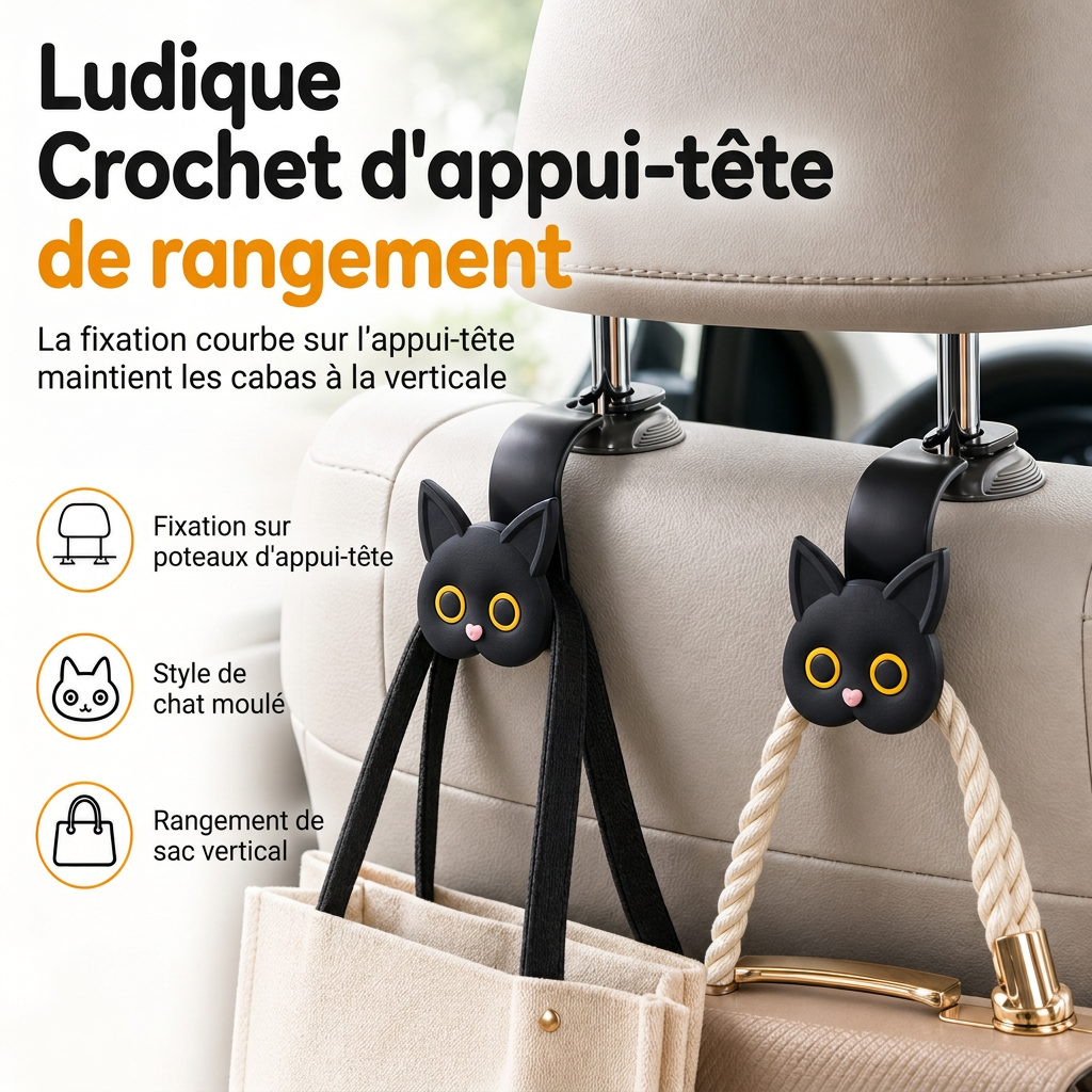 📢📢50% DE RÉDUCTION !! ⏰Crochet universel pour appuie-tête de siège auto de chat cartoon, Organiseur et cintre pour rangement dans la voiture