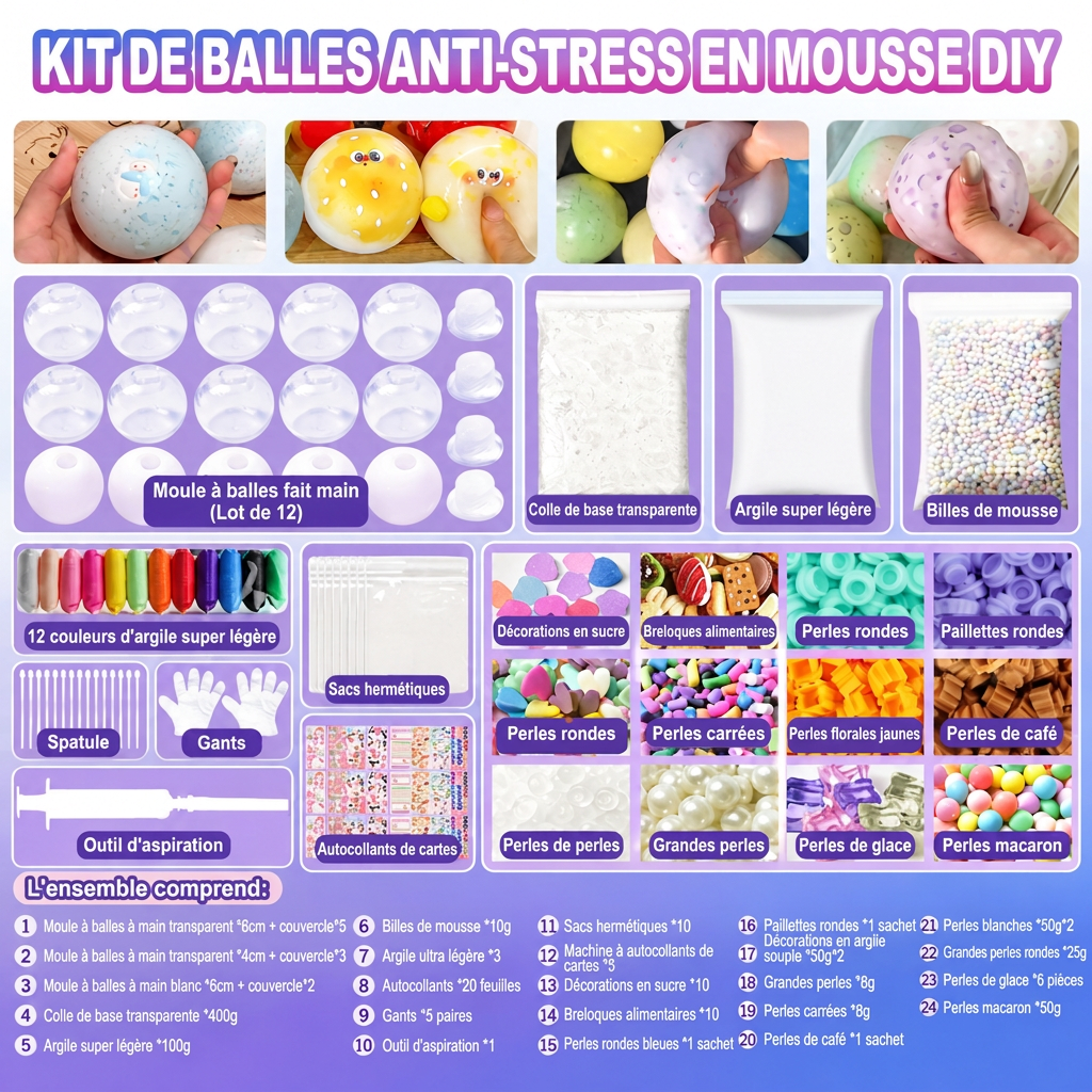 ⏰💞 Plus de 50 000 ventes ! 🧪 Kit de fabrication de balles anti-stress à presser DIY – mélangez de la pâte à modeler colorée et des éléments scintillants, un loisir anti-fuite et à remontée lente, sans dégât pour les enfants ! 🎨✅