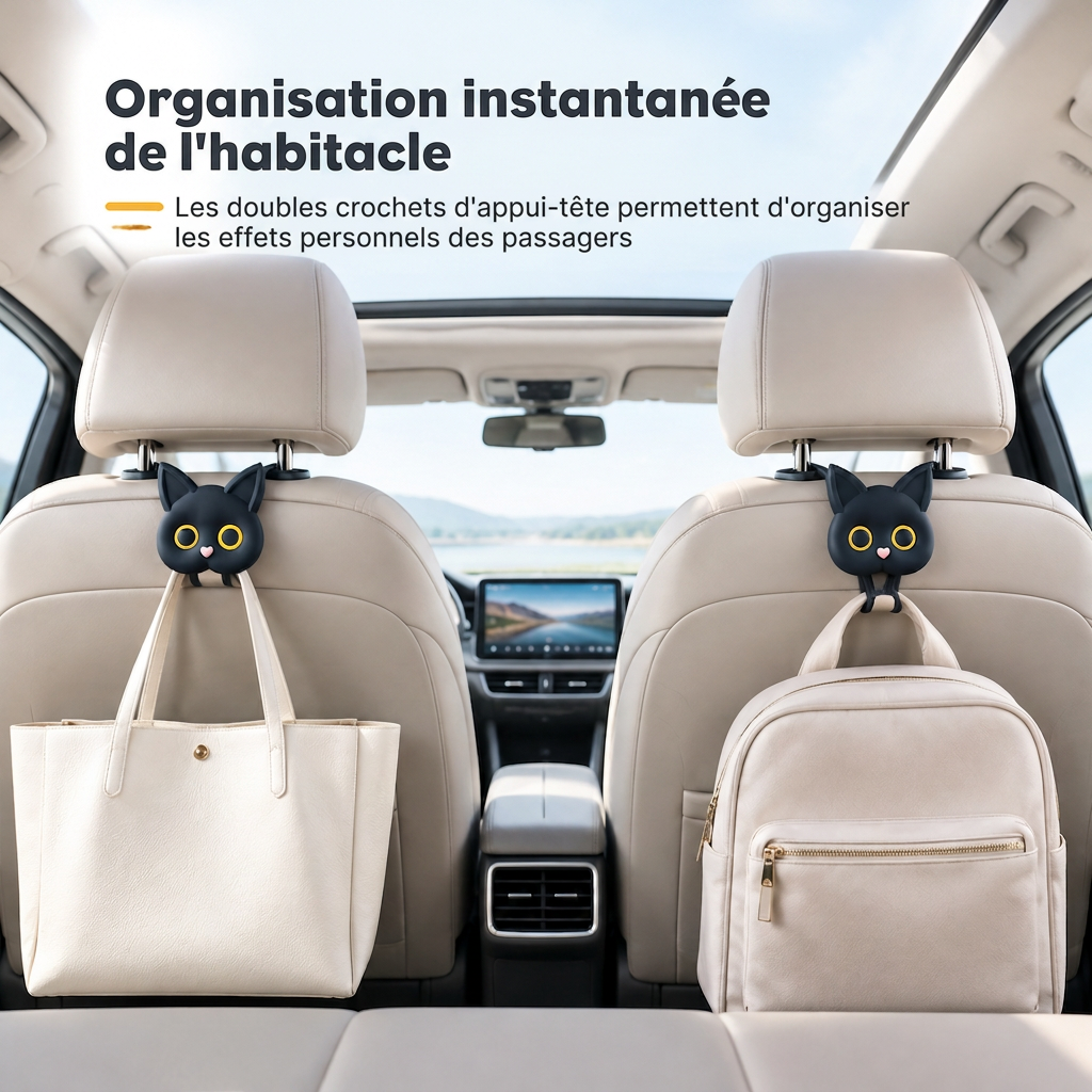 📢📢50% DE RÉDUCTION !! ⏰Crochet universel pour appuie-tête de siège auto de chat cartoon, Organiseur et cintre pour rangement dans la voiture