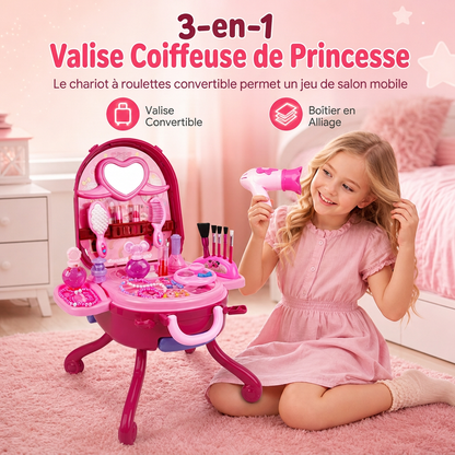 👑 Offre limitée : -50% ! 🎀 Valise vanité de maquillage 3-en-1 pour enfants – Salon avec roulette, 31 accessoires de jeu, installation facile à clips 🧳