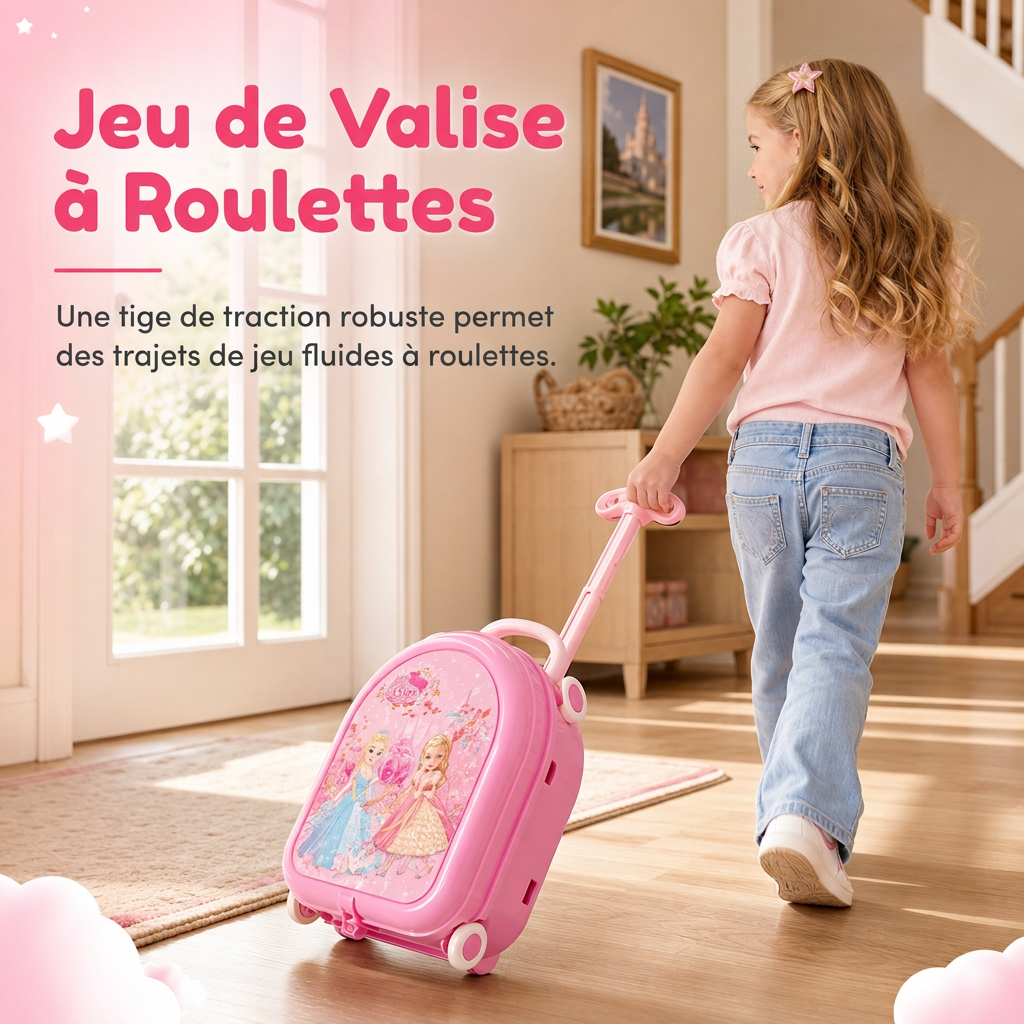 👑 Offre limitée : -50% ! 🎀 Valise vanité de maquillage 3-en-1 pour enfants – Salon avec roulette, 31 accessoires de jeu, installation facile à clips 🧳