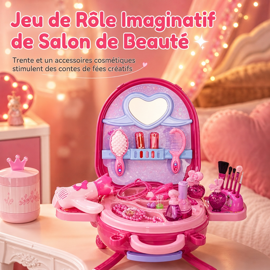 👑 Offre limitée : -50% ! 🎀 Valise vanité de maquillage 3-en-1 pour enfants – Salon avec roulette, 31 accessoires de jeu, installation facile à clips 🧳