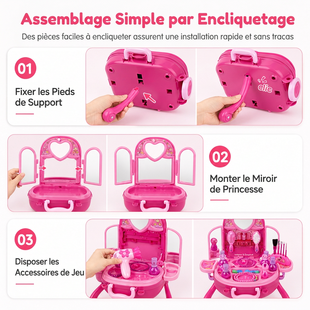 👑 Offre limitée : -50% ! 🎀 Valise vanité de maquillage 3-en-1 pour enfants – Salon avec roulette, 31 accessoires de jeu, installation facile à clips 🧳