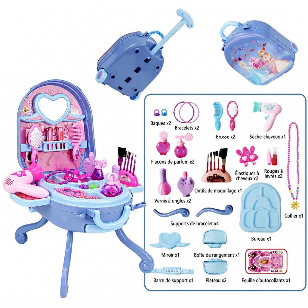 👑 Offre limitée : -50% ! 🎀 Valise vanité de maquillage 3-en-1 pour enfants – Salon avec roulette, 31 accessoires de jeu, installation facile à clips 🧳