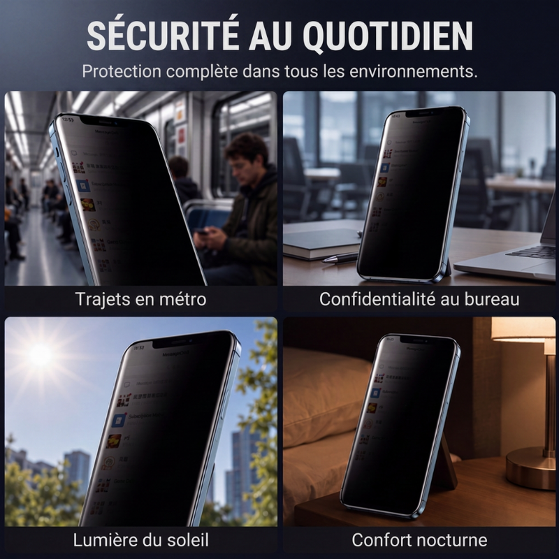 🛡️50% de réduction maintenant ! Protecteur d'écran de confidentialité pour iPhone, verre trempé 9H, anti-espion 30°, couverture complète 9D, suppression automatique de la poussière, installation sans bulles