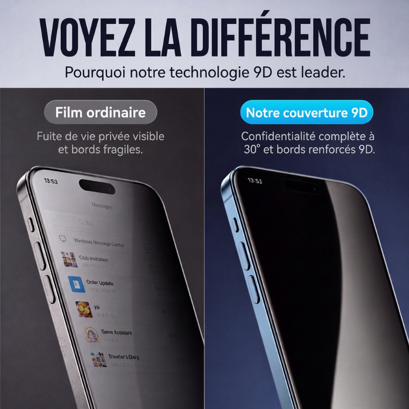 🛡️50% de réduction maintenant ! Protecteur d'écran de confidentialité pour iPhone, verre trempé 9H, anti-espion 30°, couverture complète 9D, suppression automatique de la poussière, installation sans bulles