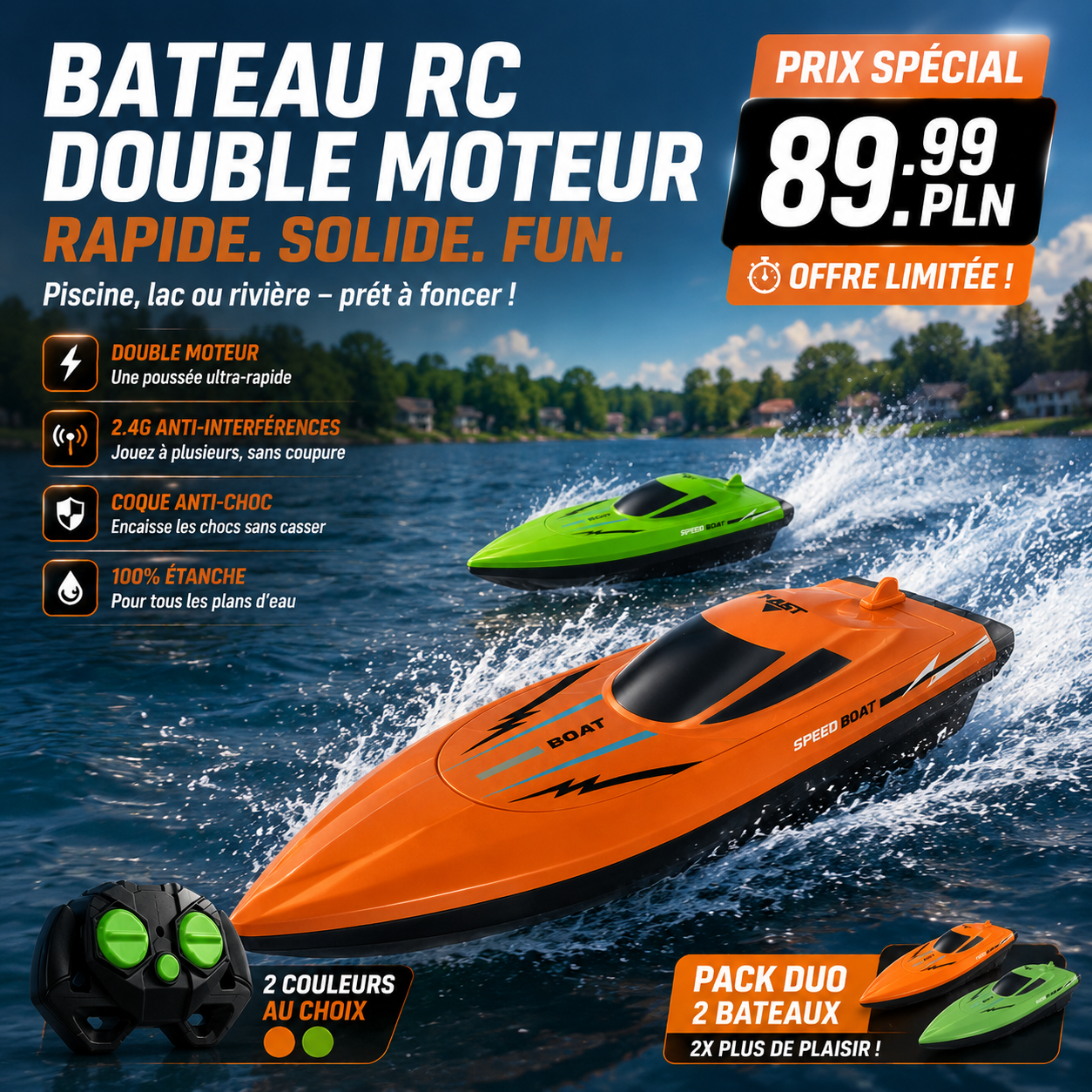 🎮PROMO FLASH 50%🚢Bateau Radiocommandé Haute Vitesse 2.4GHz – Double Moteur, Coque Étanche, 2 Couleurs, 27cm, Parfait pour Piscine & Lac⚡