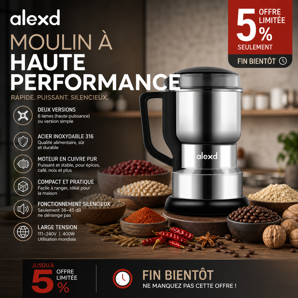 Mini Moulin Broyeur Électrique – Inox 316, Moteur Cuivre 400W Silencieux
