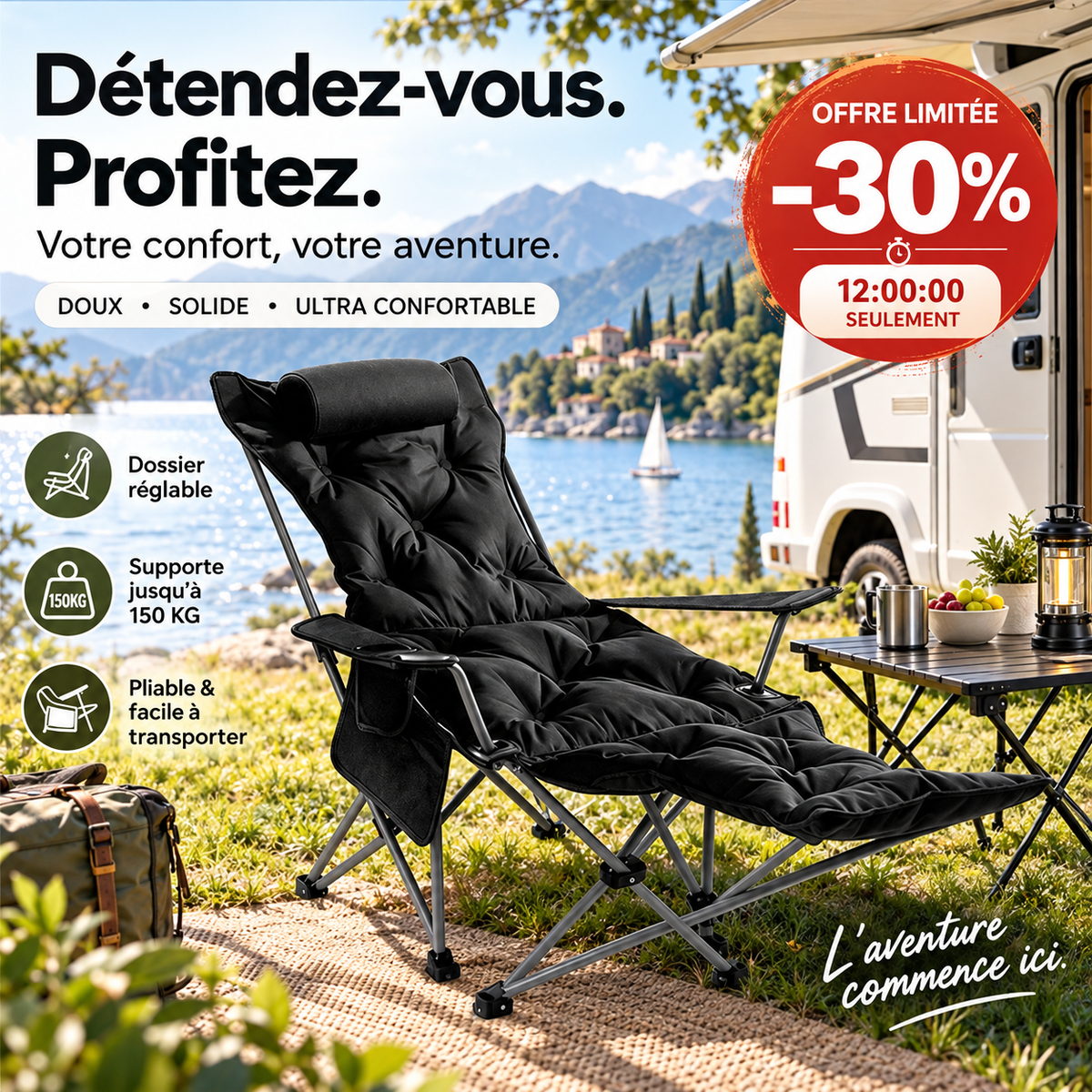 🪑 Fauteuil inclinable pliable à 4 positions + repose-jambes