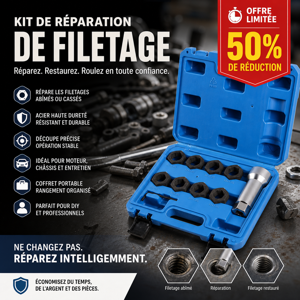 🔧 50% DE RÉDUCTION! 🚗 Jeu d'outils de réparation de filetages – Restaure les filets abîmés, robuste & facile à utiliser – Idéal pour l'entretien automobile et mécanique 🛠️