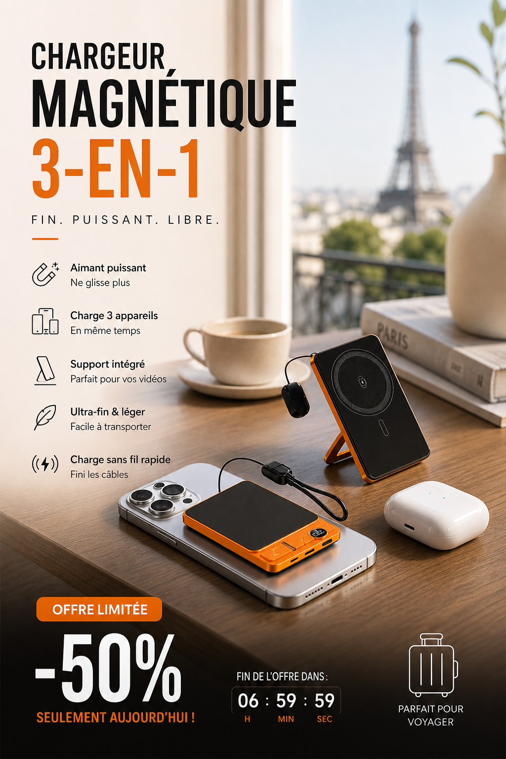 🔋 OFFRE LIMITÉE : 50 % DE RÉDUCTION ! ✨ Chargeur portable magnétique 3 en 1 – Sans fil, support intégré, ultra-fin 🍃