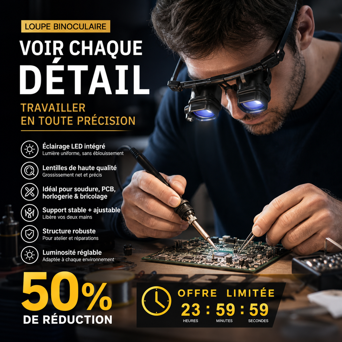 🔍💡 PROMO FLASH : 50% DE RÉDUCTION ! Loupe Frontale de Précision avec Éclairage LED – Lentilles Optiques Interchangeables 2× à 25×, Monture Légère et Confortable Mains Libres for Vos Travaux Minutieux d'Horlogerie, d'Électronique et d'Artisanat ✨