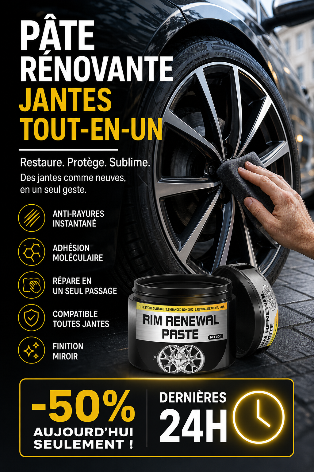 🚗 56% DE RÉDUCTION – Pâte Restauratrice Tout-en-Un pour Jantes – Efface les Rayures, Redonne Brillance & Protège Durablement ✨