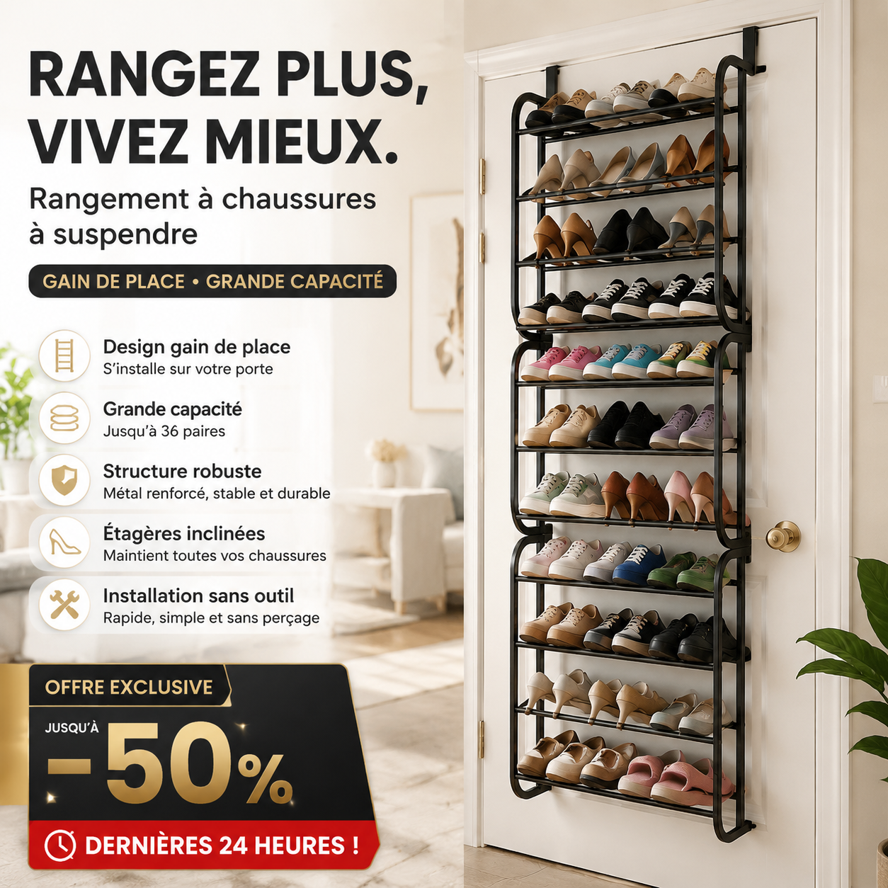 🔥👠 Étagère à Chaussures Suspendue 36 Paires