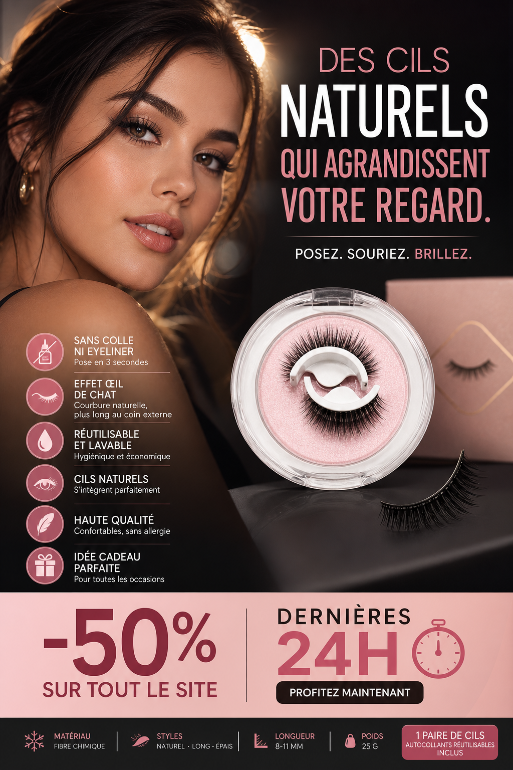 💧👀 Cils magnétiques waterproof – Adhésion instantanée sans colle, résistent à l’eau et à la transpiration, pour un regard sublime du matin au soir ☀️🌙